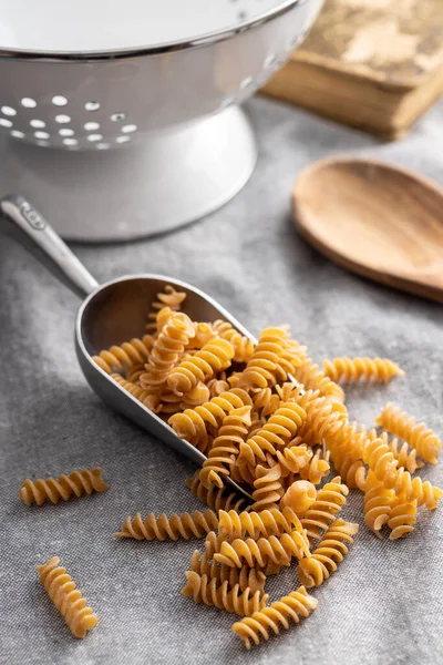 Uncooked Whole Grain Pasta Raw Penne Pasta Scoop — Stock Photo, Image