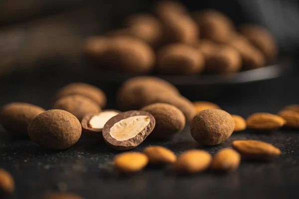Almonds Chocolate Coated Cocoa Black Table — Stock Photo, Image
