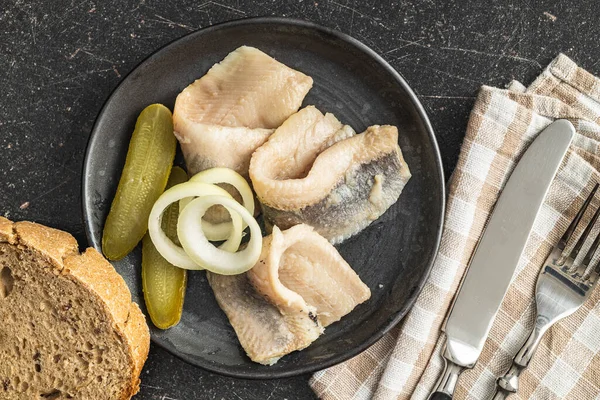 Poisson Hareng Mariné Dans Assiette Vue Dessus — Photo