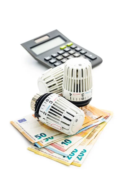 Termostatventil Huvud Euro Pengar Och Miniräknare Isolerad Vit Bakgrund — Stockfoto