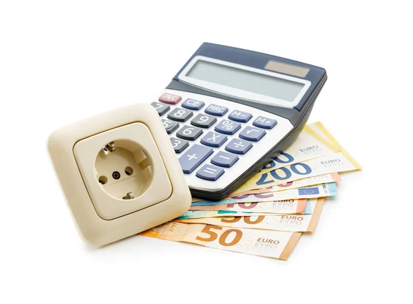 Koncepcja Oszczędności Energii Gniazdkiem Elektrycznym Kalkulatorem Pieniędzmi Euro Izolowanymi Białym — Zdjęcie stockowe