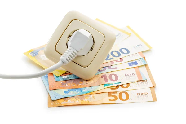 Koncept Úspor Energie Elektrickou Zástrčkou Kalkulačka Euro Peníze Izolované Bílém — Stock fotografie