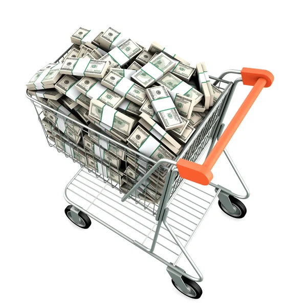 Shopping cart with many dollars — Stock Photo, Image