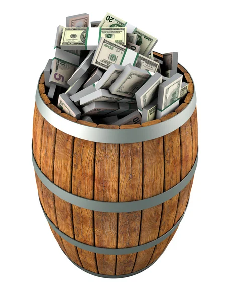 Veel dollars in een houten vat. — Stockfoto