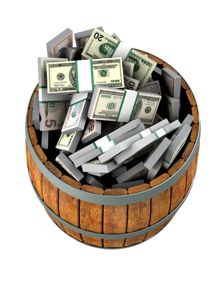 Um monte de dólares num barril de madeira . — Fotografia de Stock