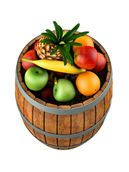 Fruits dans un tonneau en bois. Haute résolution 3d rendu. Isolé sur blanc — Photo