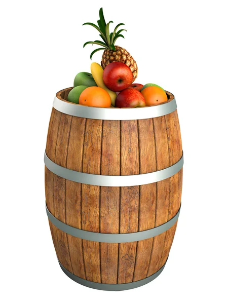 Frutos en un barril de madera. Alta resolución 3d render. Aislado sobre blanco — Foto de Stock