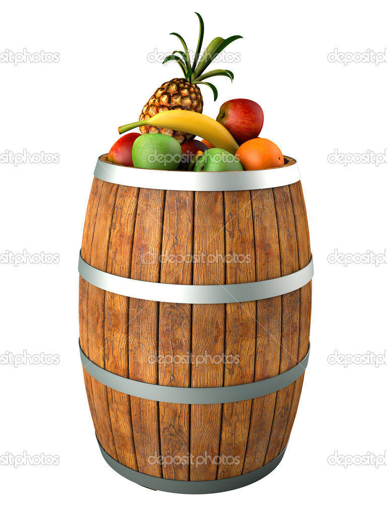 Fruits in a wooden barrel. High res 3d render. Isolated on white