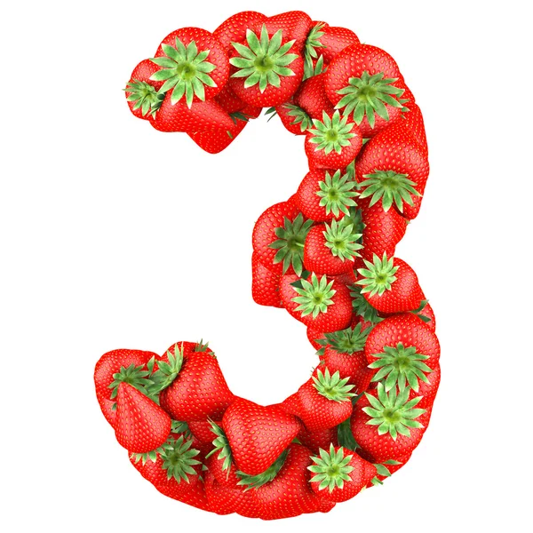 Number three made from Strawberry. Isolated on a white. — Stock Photo, Image