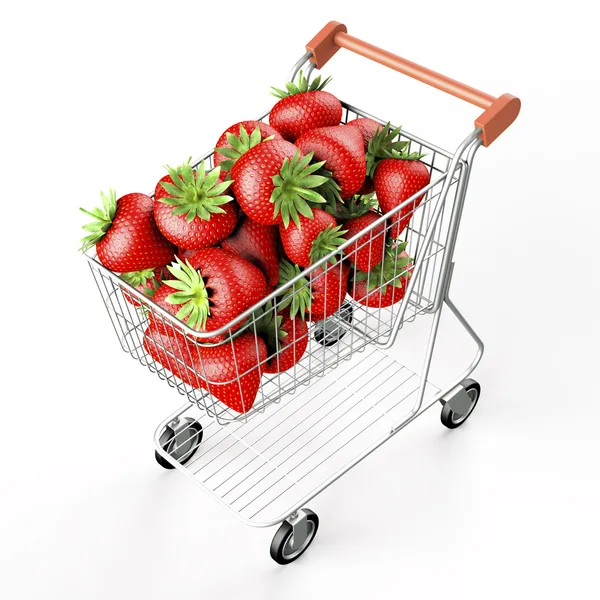 Strawberries in a shopping cart. Isolated on white background — Stock Photo, Image