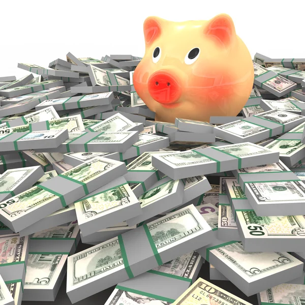 Pink piggy bank standing on a many dollars — Stock Photo, Image