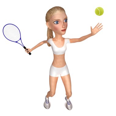 Beyaz giysili kızı tenis oynuyor. beyaz izole. 3D karakter