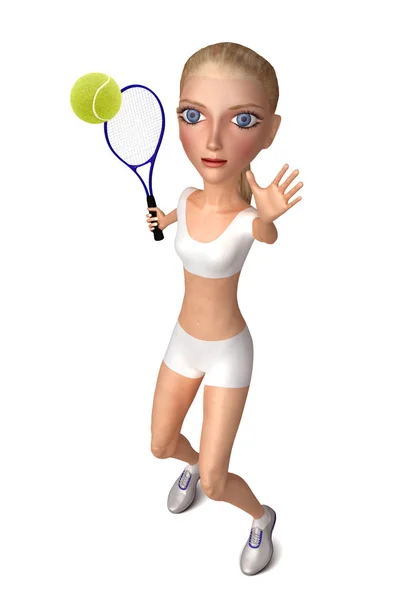 Flicka i vita kläder spelar tennis. isolerade på vitt. 3D karak — Stockfoto