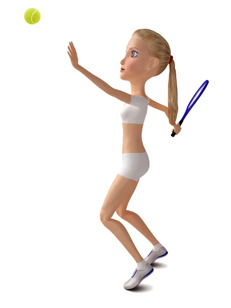 Девушка в белой одежде играет в теннис. Изолирован на белом. 3D-харак — стоковое фото