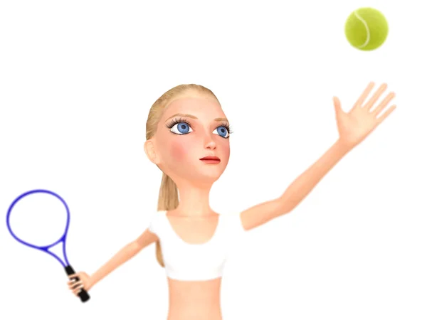 La ragazza vestita di bianco gioca a tennis. Isolato su bianco. 3D — Foto Stock