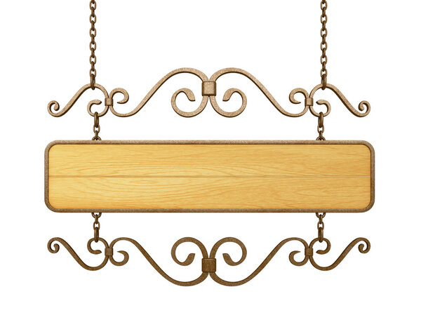 Old wooden sign on the chains. Isolated on white