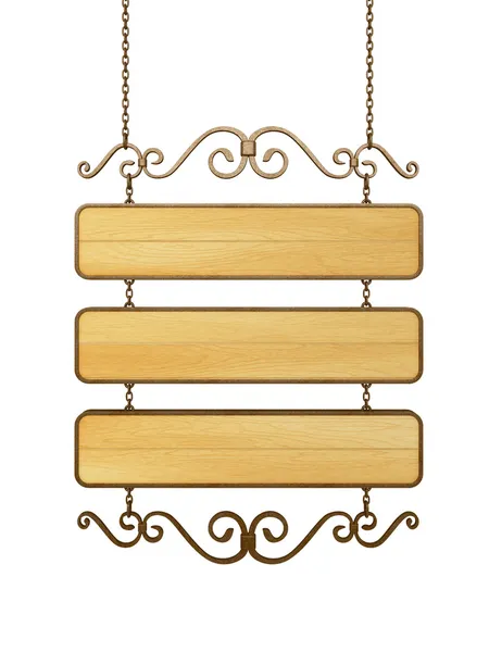 Cartel de madera viejo en las cadenas. Aislado sobre blanco — Foto de Stock