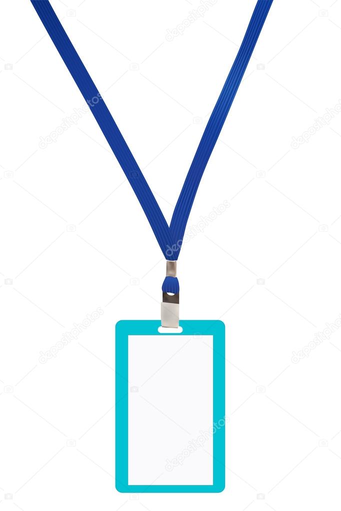 Blank badge with blue neckband. Vector illustration