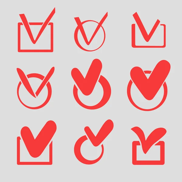 Set van negen verschillende rode vector, vinkjes of teken in vakken — Stockvector