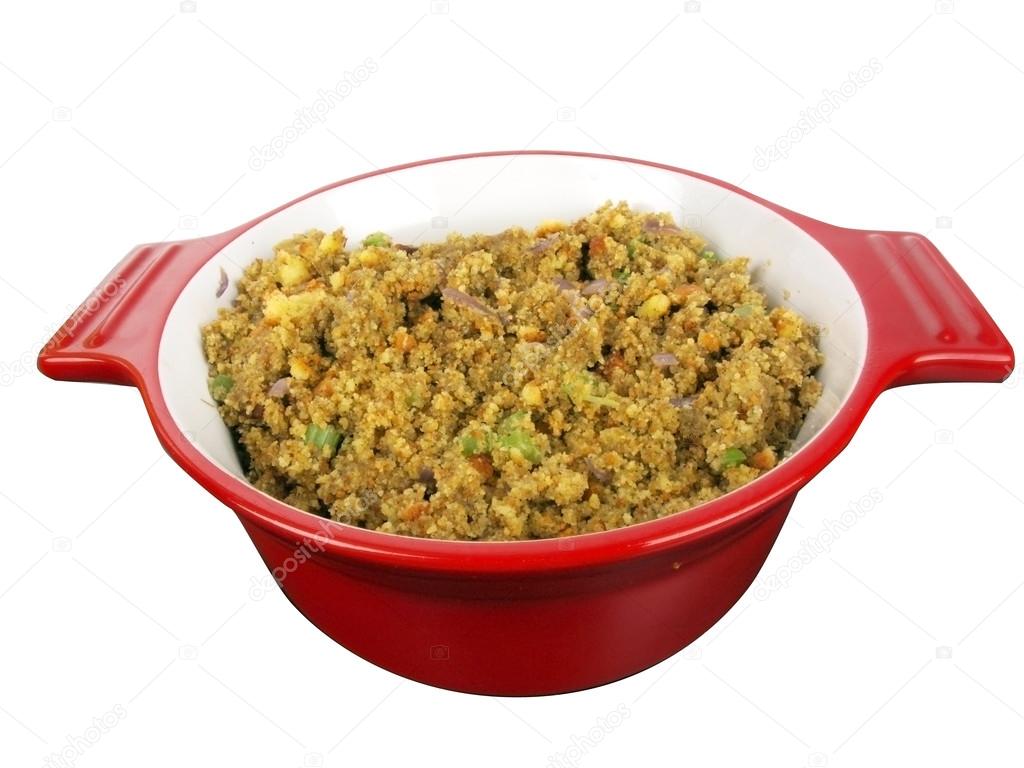 stuffing in red bowl