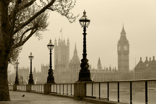 London in fog, vintage photo.