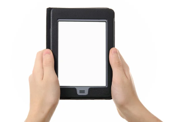 Mani che tengono vuoto e-reader elettronico — Foto Stock