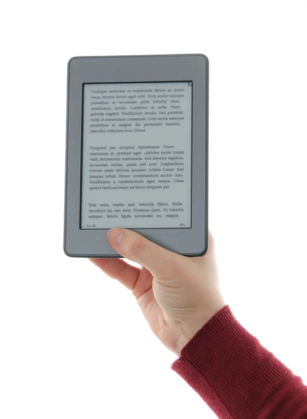 Sosteniendo el lector de libros electrónicos en las manos , — Foto de Stock