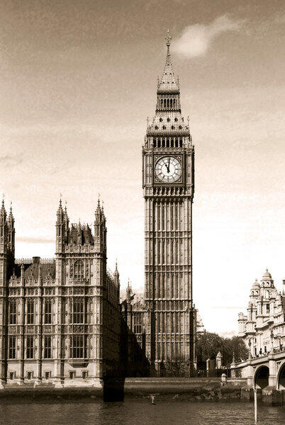 Vintage view of Big Ben clock tower London. Sepia toned.