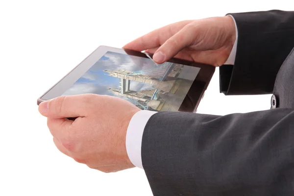 Mãos de homem de negócios com tablet — Fotografia de Stock