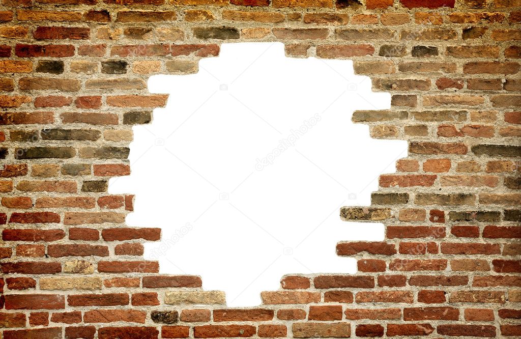 White hole in old wall, brick frame
