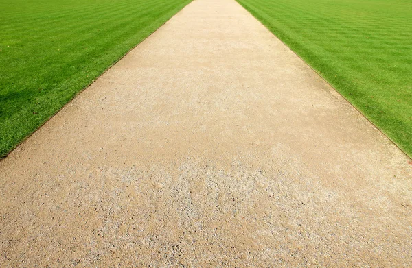 Caminho no parque com fundo de grama verde — Fotografia de Stock