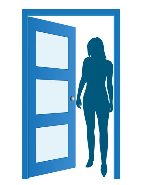 Blå öppnade dörren med kvinna — Stock vektor
