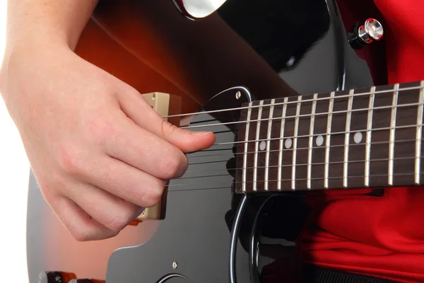 Electric guitar with hands, Musical instrument with teen's hands — Stock Photo, Image