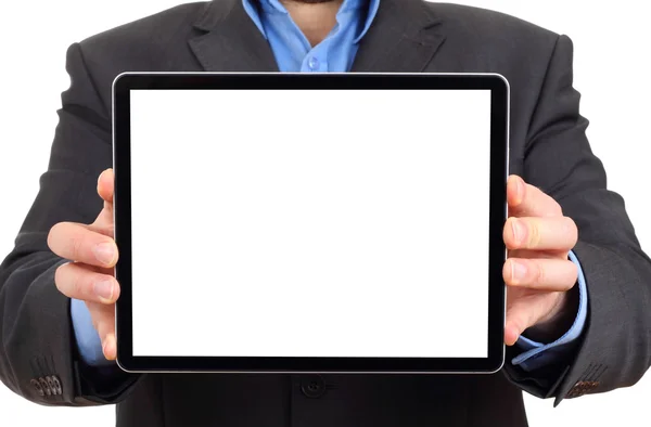 Businessman presenting your product in a digital tablet computer (isolated screen) — Stock Photo, Image