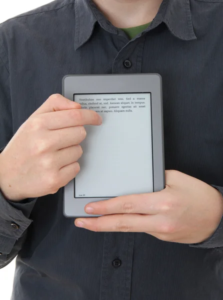 Man holding E-book reader in hands — Stock Photo, Image