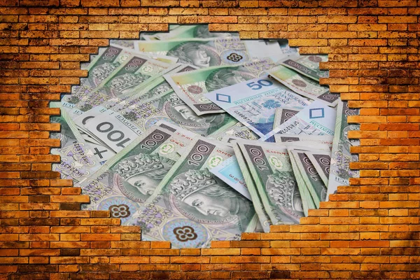 Hole in the brick wall showing the money — Stock Photo, Image