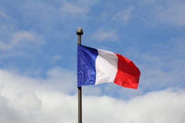 Flag of France, waving in the wind, on the sky clipart