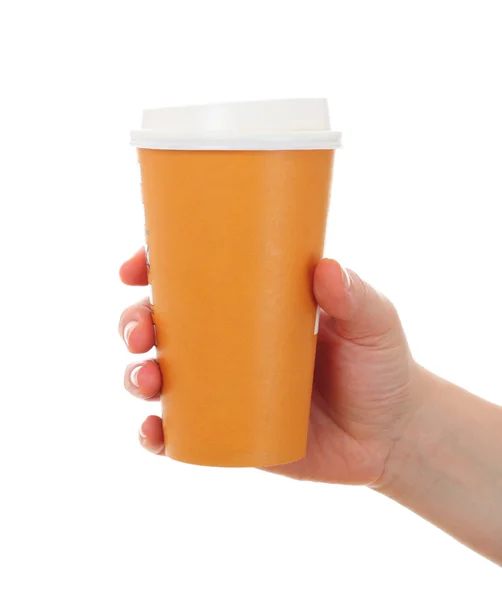 Main de femme avec tasse de café en papier, à emporter — Photo