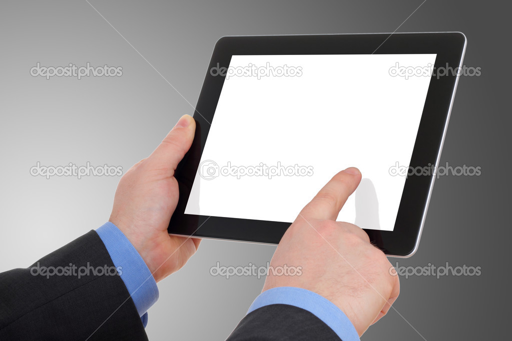 man hands with touch pad on grey background