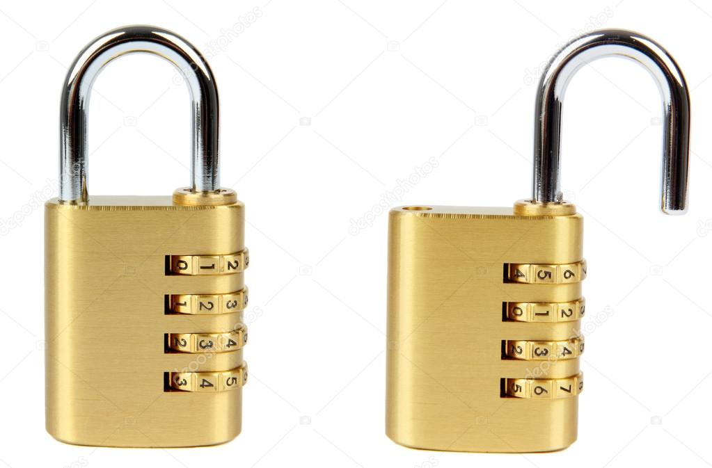 padlock with combination lock, in two position, locked and unlocked