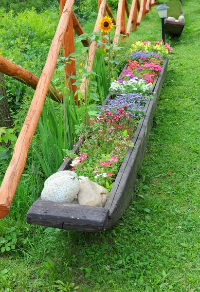 Fleurs plantées dans une longue boîte en bois — Photo