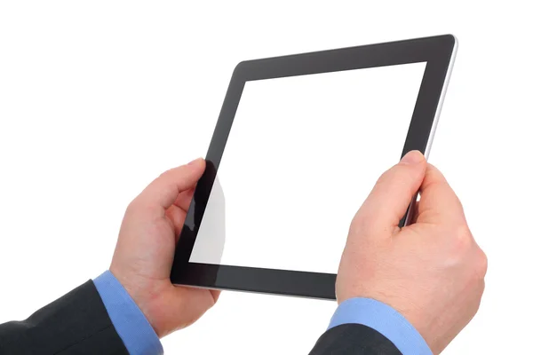 Hands holding and pointing on contemporary digital frame with blank screen. — Stock Photo, Image