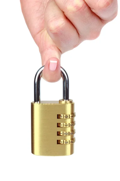 Hand holding number combination lock — Stock Photo, Image