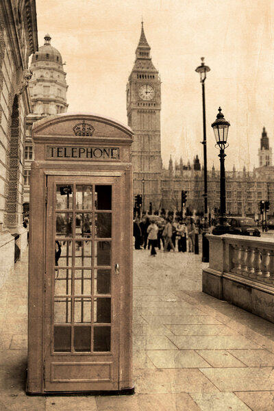 Vintage view of London, Big Ben & phone booth
