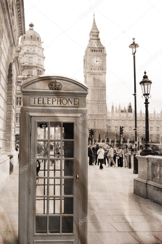Vintage view of London, Big Ben & phone booth