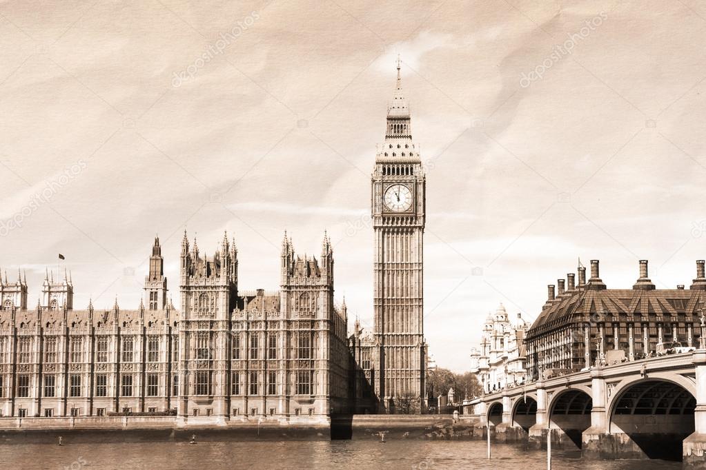 Vintage view of London, Big Ben & Parliament