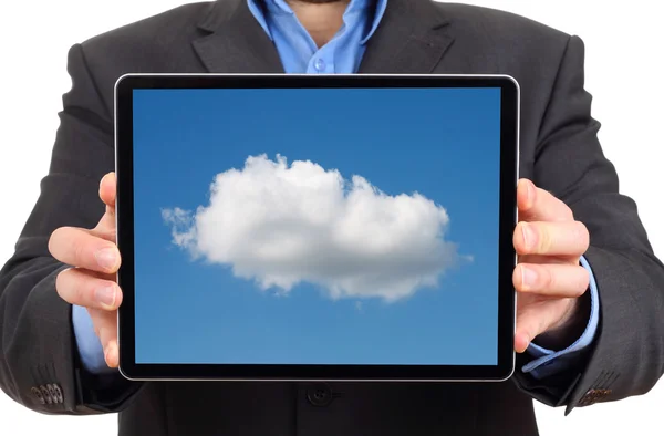 Cloud computing concept - using cloud services on tablet — Stock Photo, Image