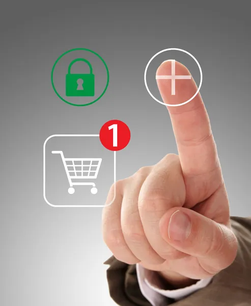 Hand pushing virtual symbol PLUS , online shopping. — Stock Photo, Image