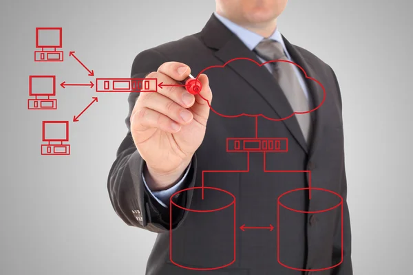 Engenheiro desenhando um diagrama de rede de computadores — Fotografia de Stock