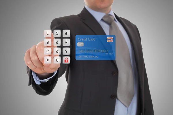 Mão clique código de segurança na banca on-line na tela sensível ao toque — Fotografia de Stock